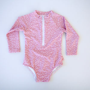 Dusty Rose Pink Polka Dots Long Sleeve Swimsuit - Coco & Me - Children's swimwear - Australian swimwear - sun safe - UPF 50+ - Australian kids swimwear